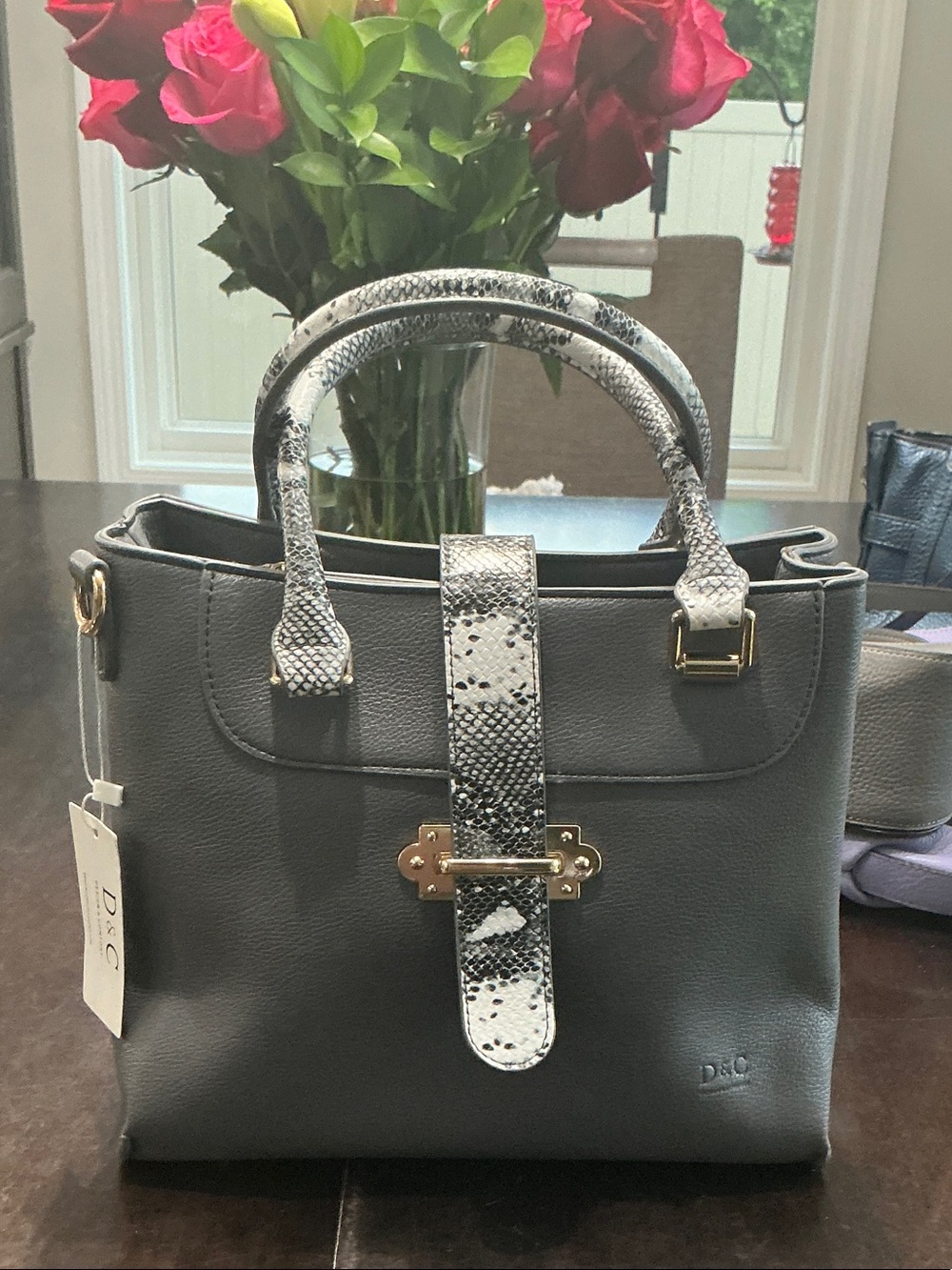 D&C Gray Satchel with Snake-Print Trim